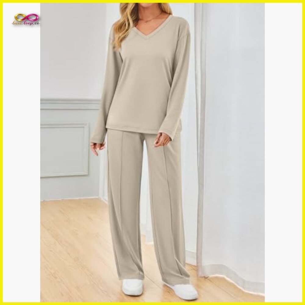 V-Neck Tracksuit Set Wide Leg Pants Lounge Athleisure Travel Outfit Comfortable - Picture 3 of 5